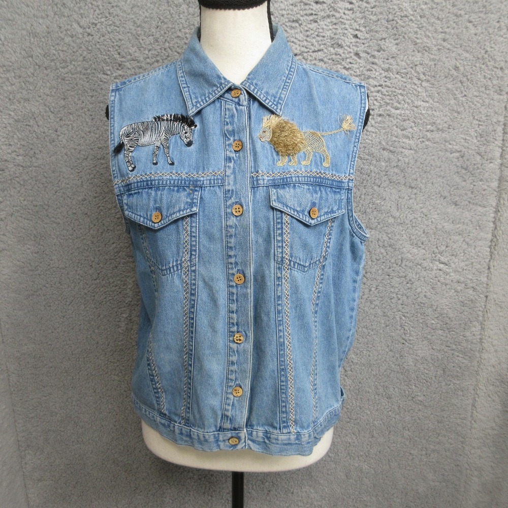 Lemon Grass Embroidered Safari Vest Womens M Blue Denim Lion Zebra Button Front